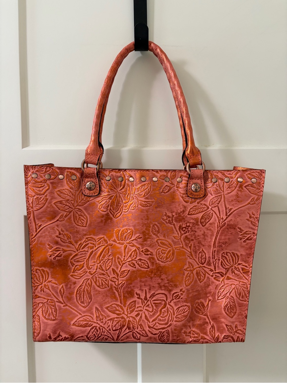 Patricia Nash Zancona Tote Bag Leather, Burnt Coral Orange Embossed Bark Leaves